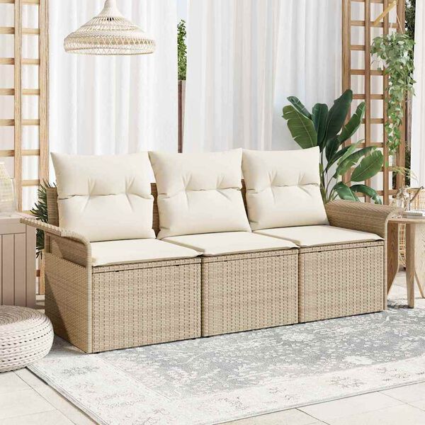 vidaXL Garten-Sofa-Set mit Kissen mit Speicher 3 pcs Beige Poly Rattan