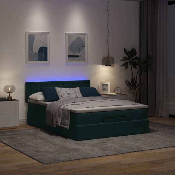 vidaXL Ottoman-Bett mit Matratze & LEDs Dunkelgr&uuml;n 140x190 cm Samt