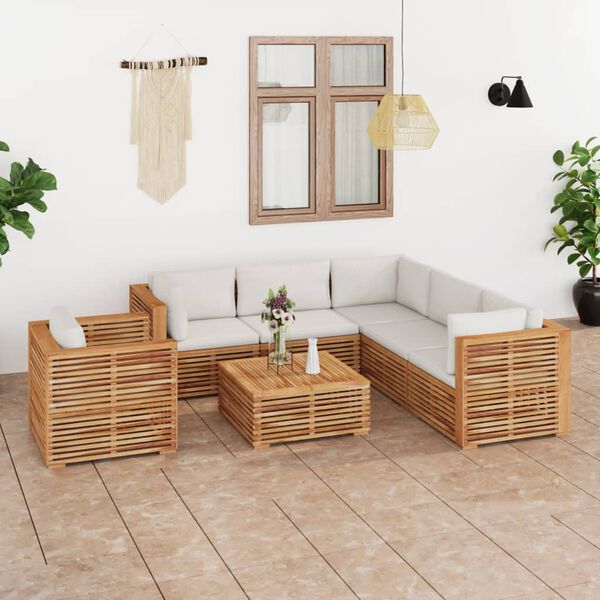 vidaXL 7-tlg. Garten-Lounge-Set mit Creme Kissen Massivholz Teak