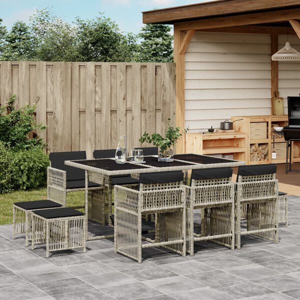 vidaXL 11-tlg. Garten-Essgruppe mit Kissen Hellgrau Poly Rattan