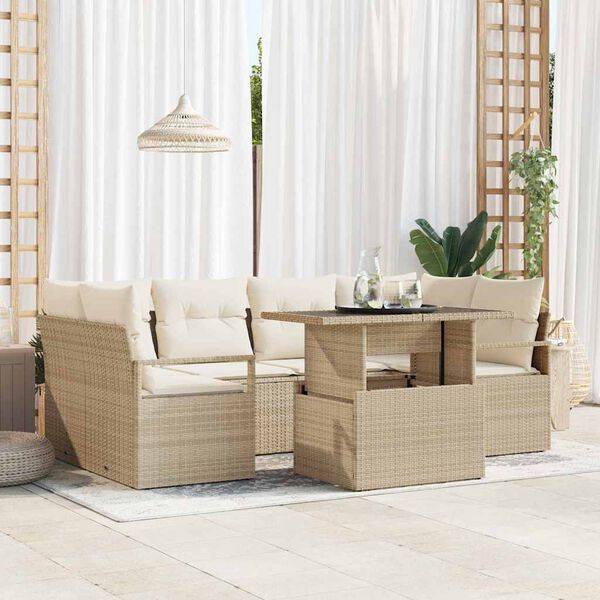 vidaXL Garten-Sofa-Set mit Speicher 7 pcs Beige Poly Rattan