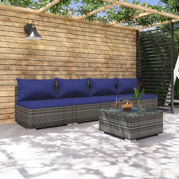 vidaXL 5-tlg. Garten-Lounge-Set mit Kissen Poly Rattan Grau