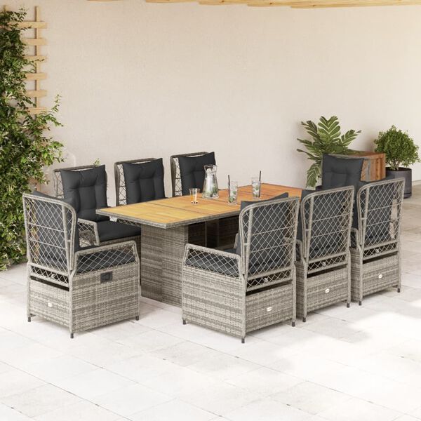 vidaXL 9-tlg. Garten-Essgruppe mit Kissen Grau Poly Rattan
