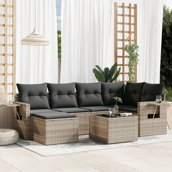 vidaXL 7-tlg. Garten-Sofagarnitur mit Kissen Hellgrau Poly Rattan
