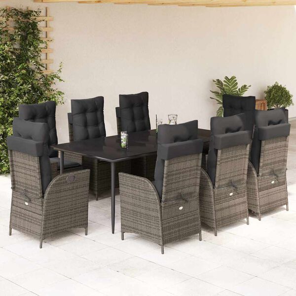 vidaXL 9-tlg. Garten-Essgruppe mit Kissen Grau Poly Rattan