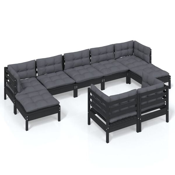 vidaXL 9-tlg. Garten-Lounge-Set mit Kissen Schwarz Kiefer Massivholz