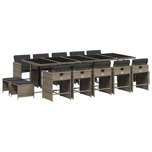 vidaXL 15-tlg. Garten-Essgruppe mit Kissen Grau Poly Rattan