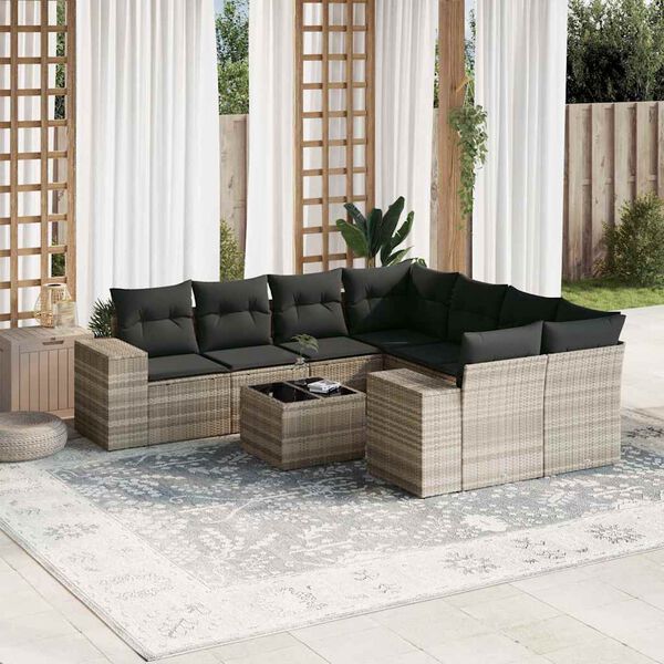 vidaXL 9-tlg. Garten-Sofagarnitur mit Kissen Hellgrau Poly Rattan