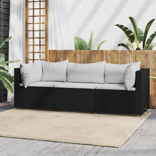 vidaXL 3-tlg. Garten-Lounge-Set mit Kissen Schwarz Poly Rattan