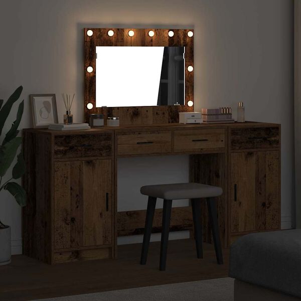 vidaXL Schminktisch mit Spiegelbeleuchtung 3 pcs Braun Holzwerkstoff