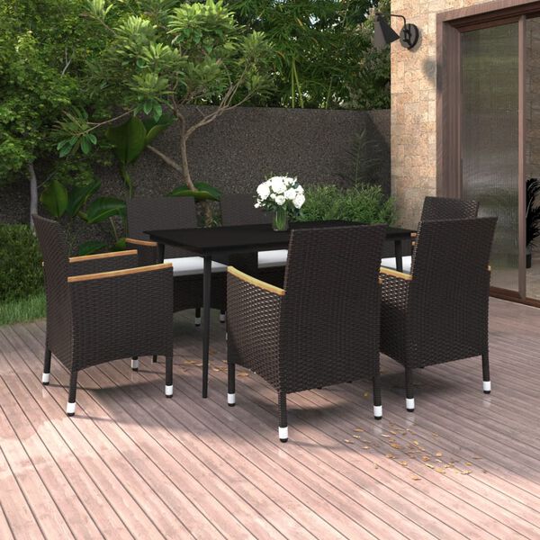 vidaXL 7-tlg. Garten-Essgruppe mit Auflagen Poly Rattan und Glas