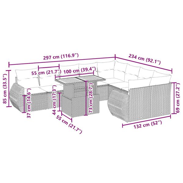 vidaXL 10-tlg. Garten-Sofagarnitur mit Kissen Beige Poly Rattan
