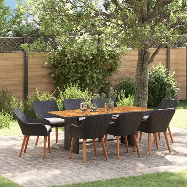 vidaXL Garten Essgruppe mit Kissen 9 pcs Schwarz Poly-Rattan