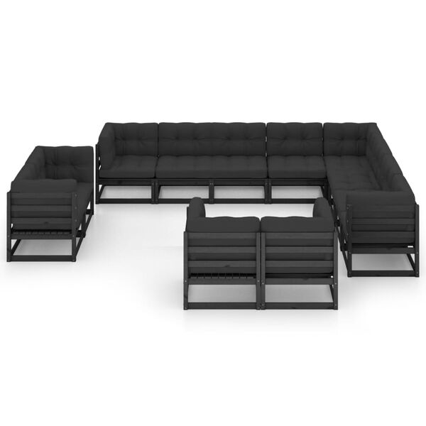 vidaXL 12-tlg. Garten-Lounge-Set mit Kissen Schwarz Massivholz Kiefer