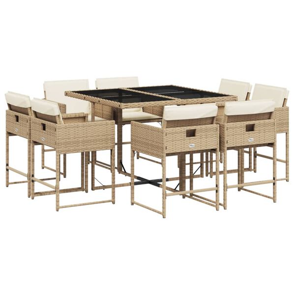 vidaXL 9-tlg. Garten-Essgruppe mit Kissen Beige Poly Rattan