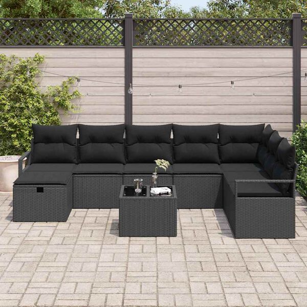 vidaXL Sofa Set mit Kissen mit Speicher 9 pcs Schwarz Poly-Rattan