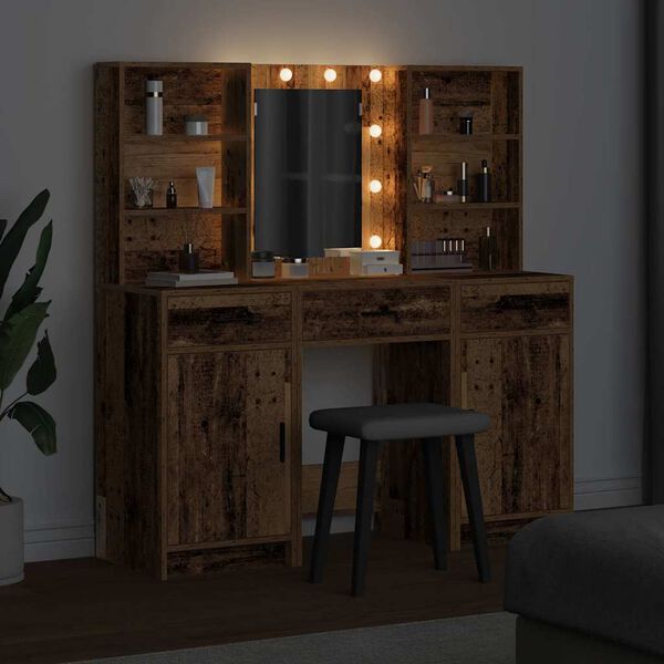 vidaXL Schminktischset mit LED mit Regal 3 pcs Altholz Holzwerkstoff