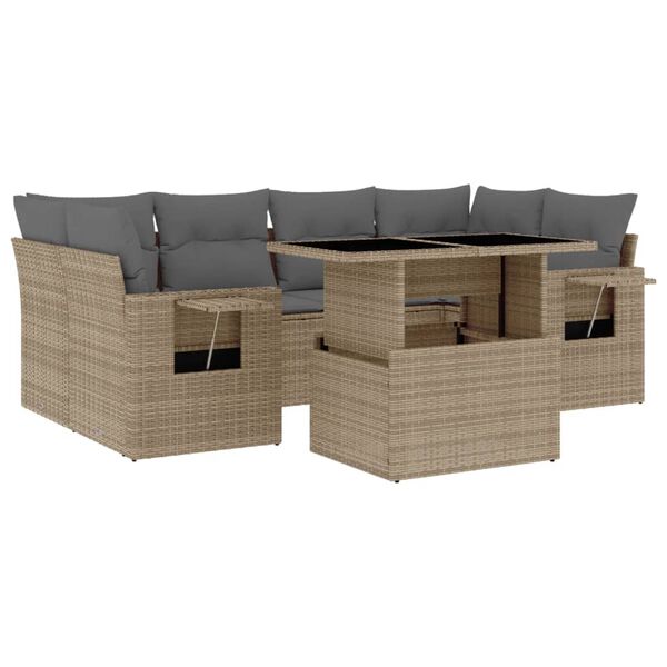 vidaXL 7-tlg. Garten-Sofagarnitur mit Kissen Beige Poly Rattan