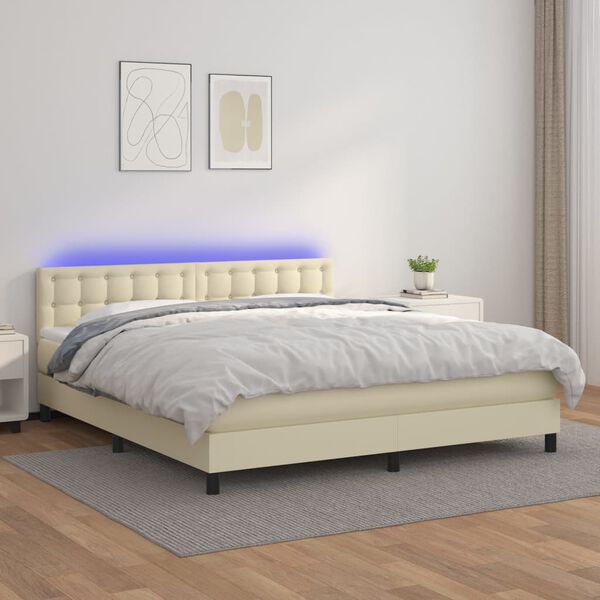 vidaXL Boxspringbett mit Matratze & LED Creme 180x200 cm Kunstleder