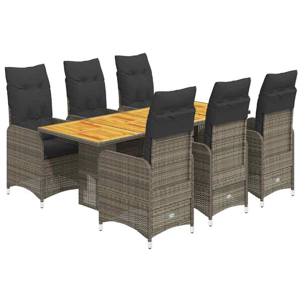vidaXL 7-tlg. Garten-Bistro-Set mit Kissen Grau Poly Rattan