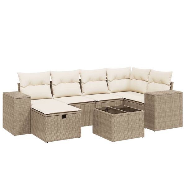 vidaXL 7-tlg. Garten-Sofagarnitur mit Kissen Beige Poly Rattan