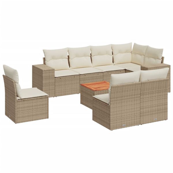 vidaXL 9-tlg. Garten-Sofagarnitur mit Kissen Beige Poly Rattan