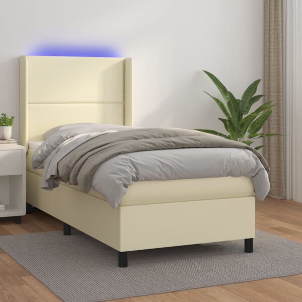 vidaXL Boxspringbett mit Matratze & LED Creme 90x200 cm Kunstleder