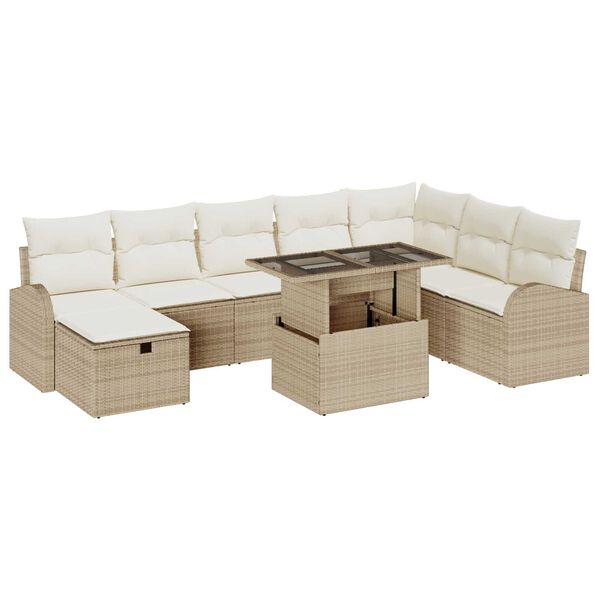 vidaXL Garten-Sofa-Set mit Kissen mit Speicher 9 pcs Beige Poly Rattan