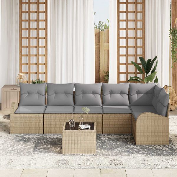 vidaXL Garten-Sofa-Set mit Kissen 7 pcs Beige und Hellgrau Poly Rattan