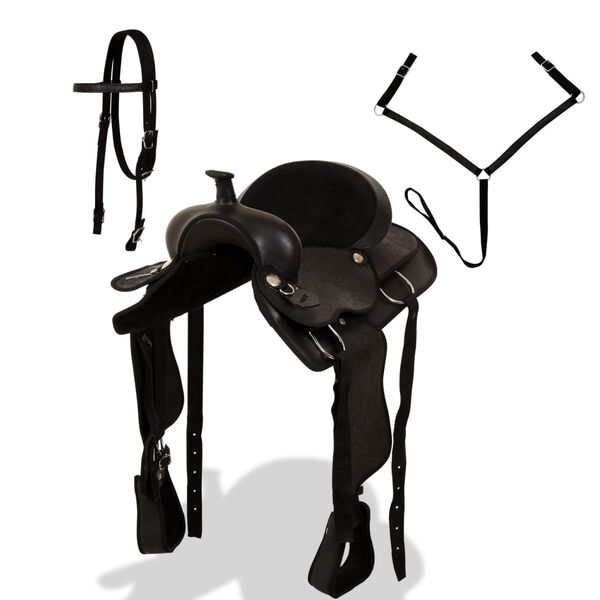 vidaXL Western-Sattel, Halfter & Brustblatt Echtleder 15" Schwarz