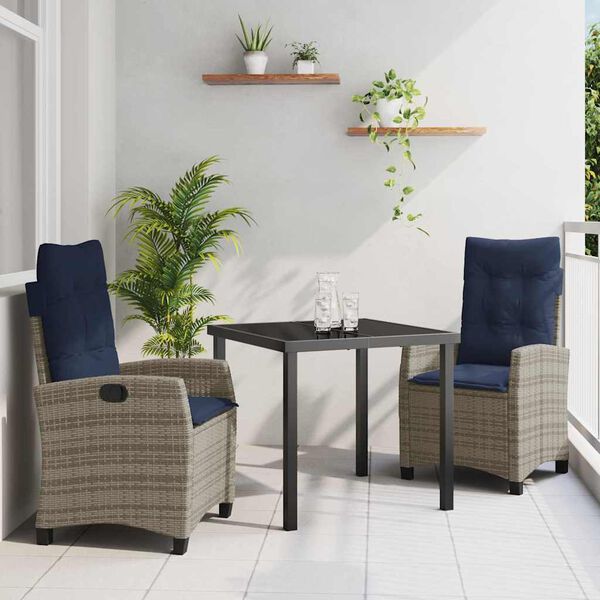 vidaXL Garten Essgruppe mit Kissen 3 pcs Grau Poly-Rattan