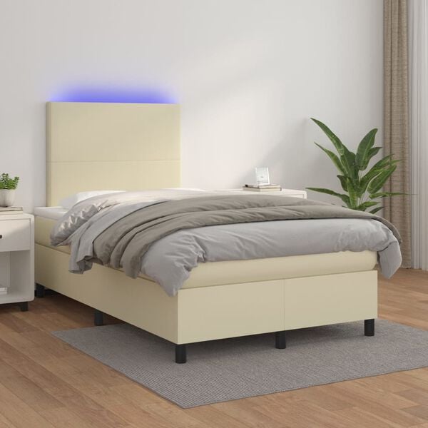 vidaXL Boxspringbett mit Matratze & LED Creme 120x200 cm Kunstleder