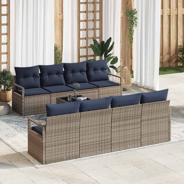 vidaXL Sofa Set mit Kissen 7 pcs Grau und Blau Poly Rattan