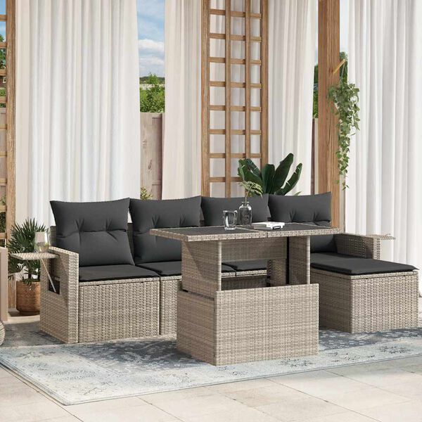 vidaXL 6-tlg. Garten-Sofagarnitur mit Kissen Hellgrau Poly Rattan