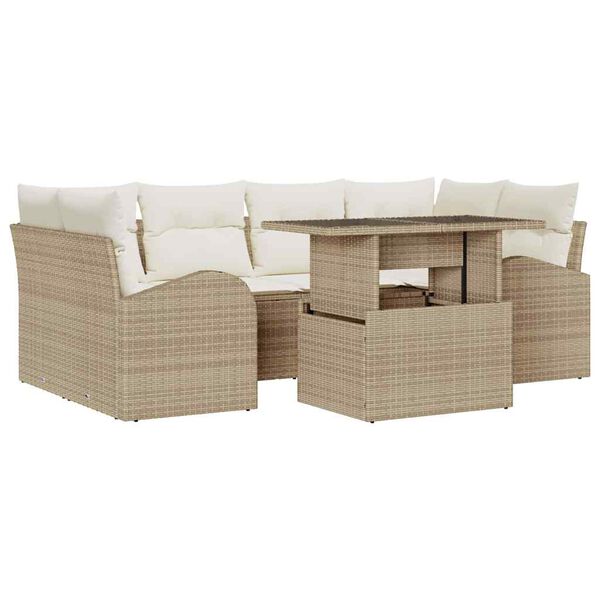 vidaXL Garten-Sofa-Set mit Kissen mit Speicher 7 pcs Beige Poly Rattan