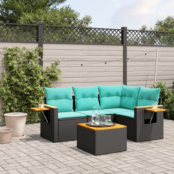 vidaXL 5-tlg. Garten-Sofagarnitur mit Kissen Schwarz Poly Rattan