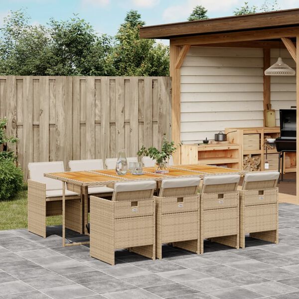 vidaXL 9-tlg. Garten-Essgruppe mit Kissen Beige Poly Rattan