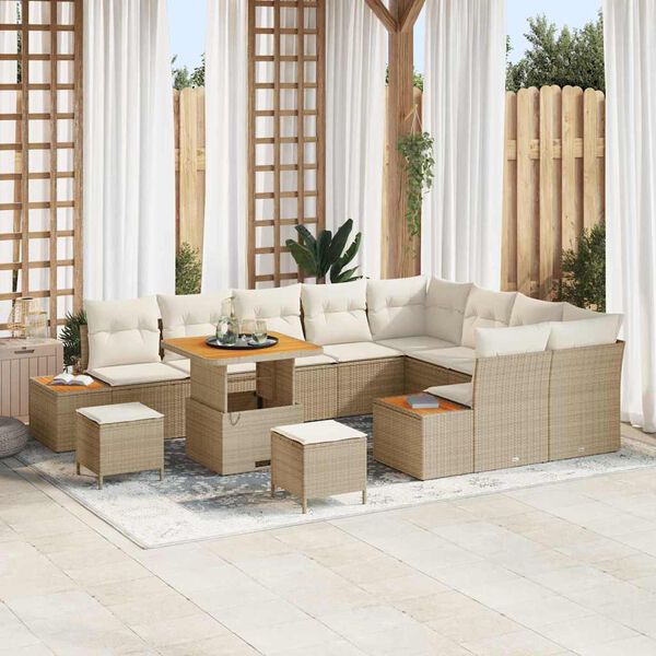 vidaXL Gartensofa-set mit Kissen mit Speicher 12 pcs Beige Poly Rattan