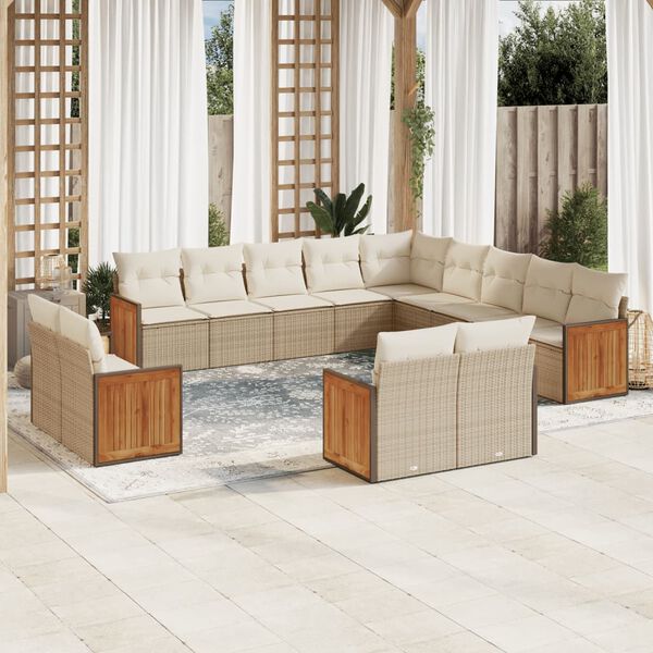 vidaXL 13-tlg. Garten-Sofagarnitur mit Kissen Beige Poly Rattan