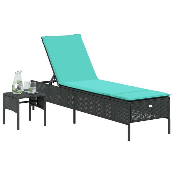 vidaXL Sonnenliege mit Tisch und Kissen Schwarz Poly Rattan