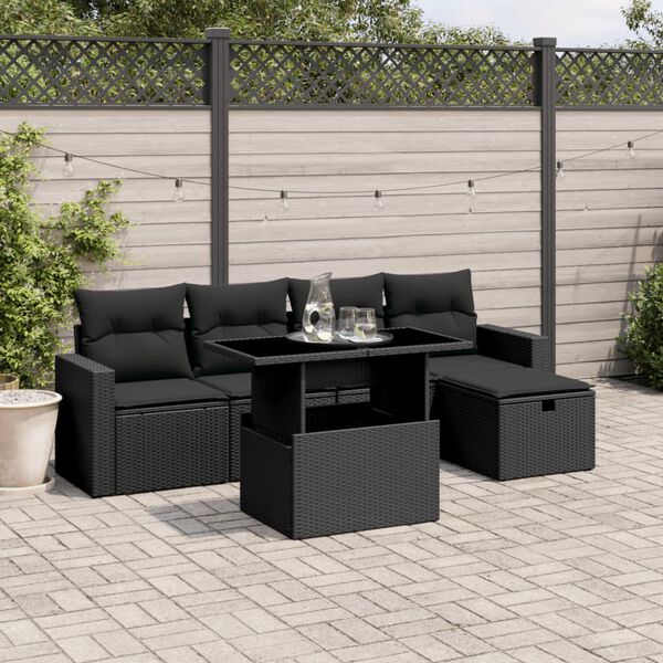 vidaXL 6-tlg. Garten-Sofagarnitur mit Kissen Schwarz Poly Rattan