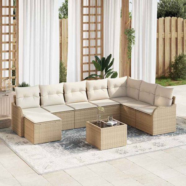 vidaXL Garten-Sofa-Set mit Kissen 9 pcs Beige und Wei&szlig; Poly Rattan