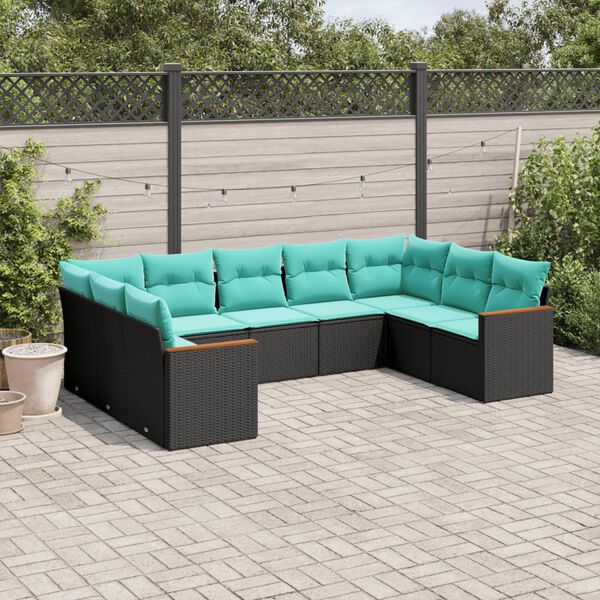 vidaXL 9-teiliges Gartensofa-Set mit Kissen, schwarzes Polyrattan