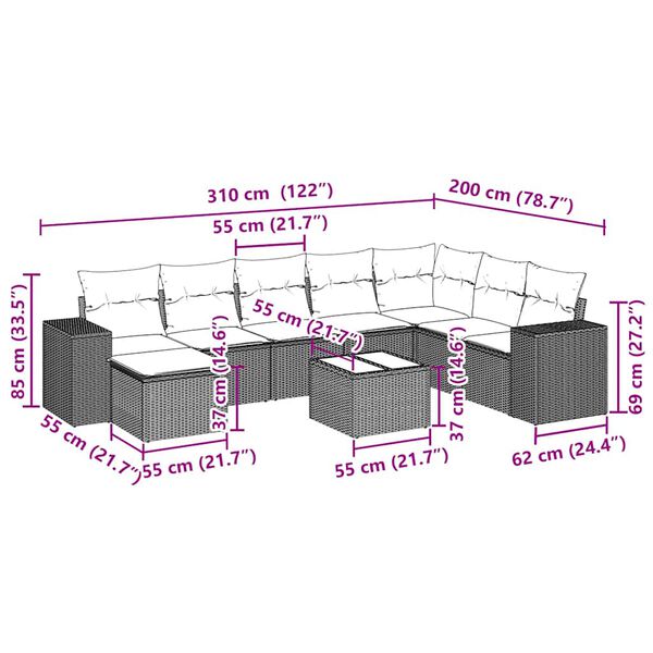vidaXL 9-tlg. Garten-Sofagarnitur mit Kissen Hellgrau Poly Rattan