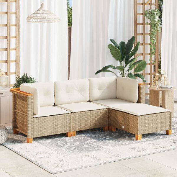 vidaXL 4-tlg. Garten-Sofagarnitur mit Kissen Beige Poly Rattan