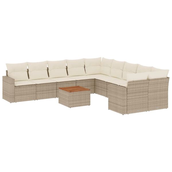 vidaXL 11-tlg. Garten-Sofagarnitur mit Kissen Beige Poly Rattan
