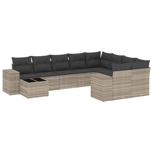 vidaXL 10-tlg. Garten-Sofagarnitur mit Kissen Hellgrau Poly Rattan