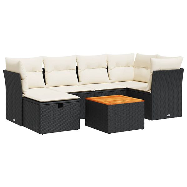 vidaXL 7-tlg. Garten-Sofagarnitur mit Kissen Schwarz Poly Rattan