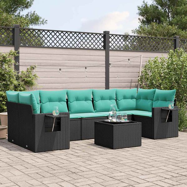 vidaXL 8-teiliges Gartensofa-Set mit Kissen, schwarzes Polyrattan