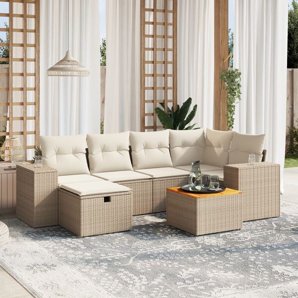 vidaXL 7-tlg. Garten-Sofagarnitur mit Kissen Beige Poly Rattan